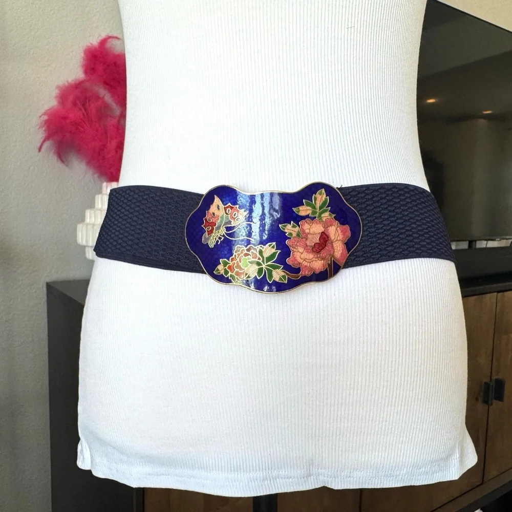 Vintage Cloisonné Floral Blue Stretchy Belt